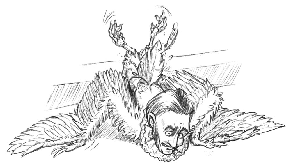 He's fallen over, and has wings.