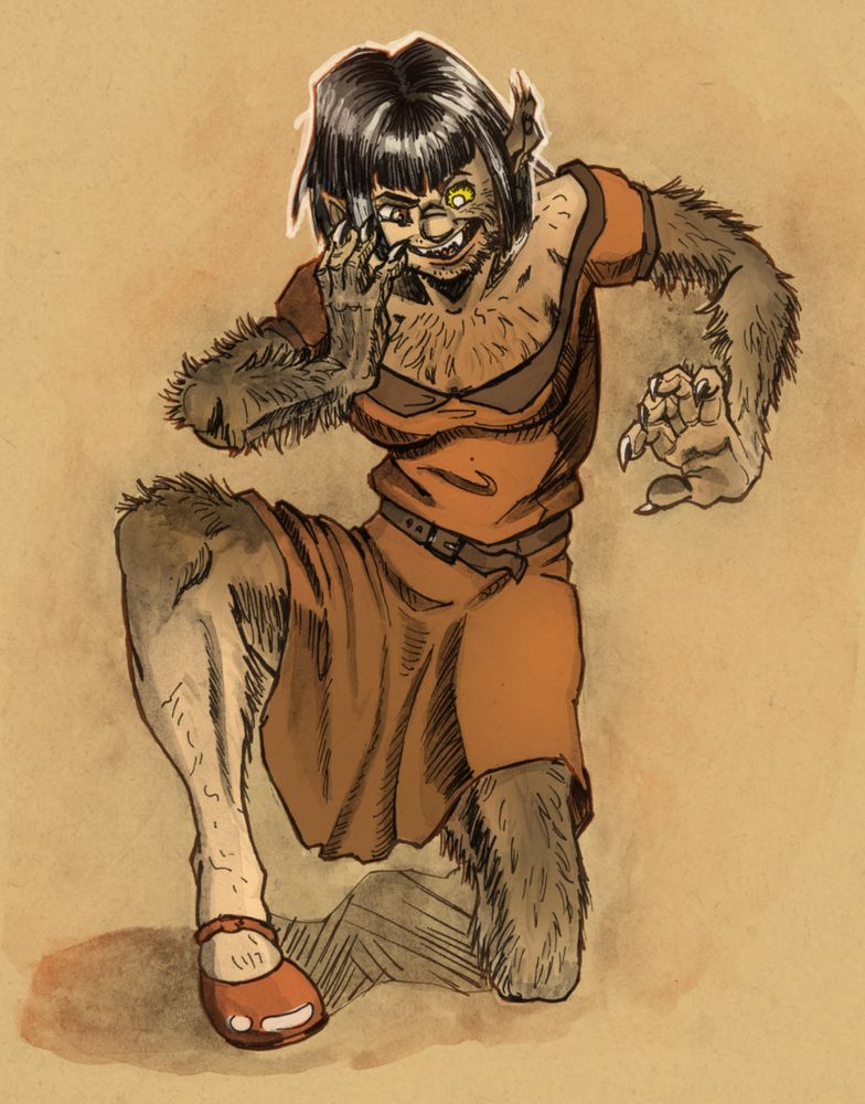 Lady wearing orange dress, transforming into a werewolf. She has a delighted/evil expression