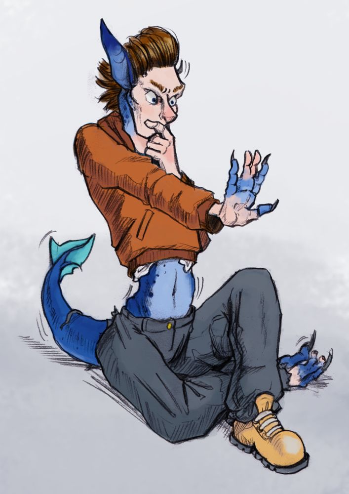 The change is starting - a tail, the midriff, a foot, a hand, and an ear are blue are scaley.
