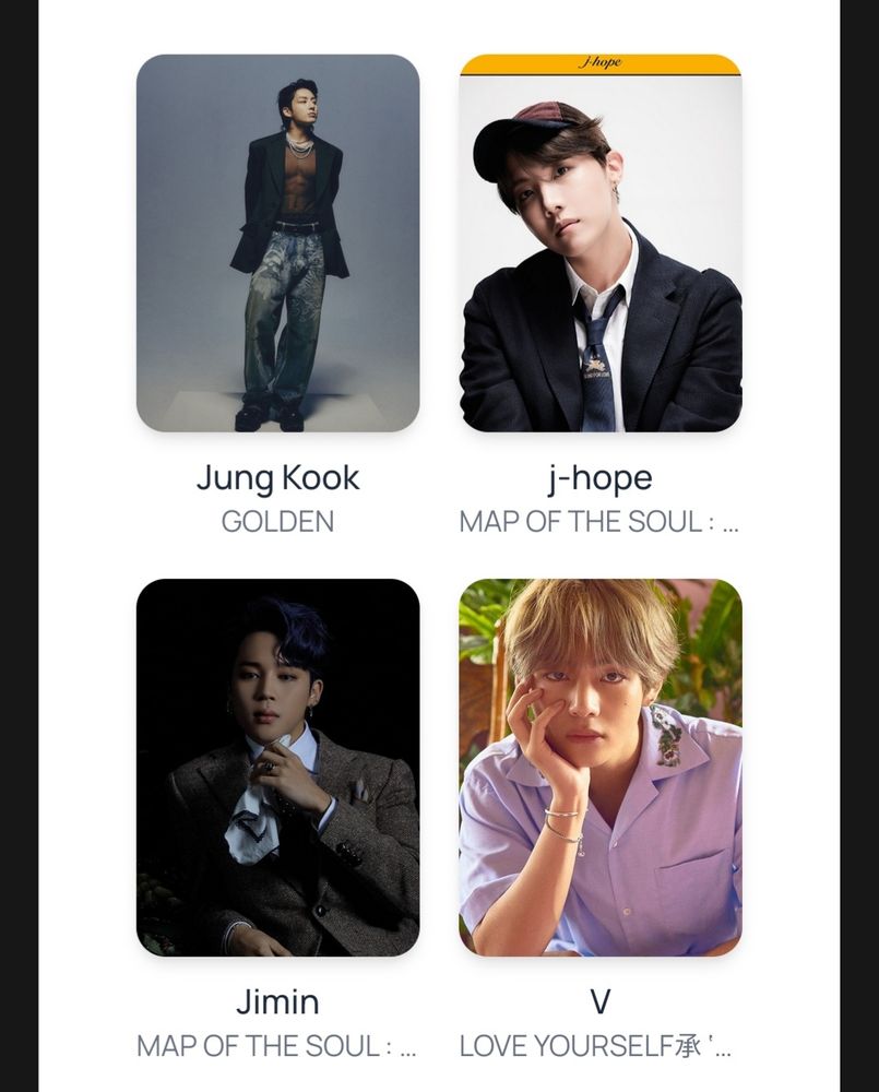 Screenshot of BCD site photocard page showing 4 digital photocards. Top left is Jungkook Golden, top right is j-hope Map of the Soul: 7 - 4, bottom right is Jimin Map of the Soul: 7 -3, and bottom right is V Love Yourself Her - L.