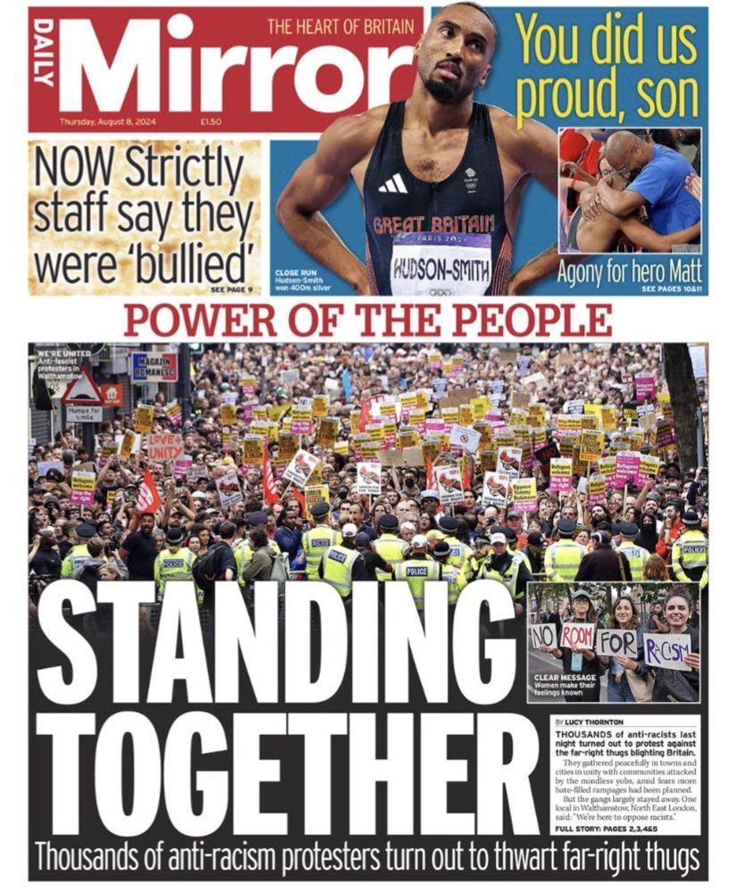 Daily Mirror front-page. Standing Together. Thousands of anti-racism protestors turn out to thwart far right thugs 