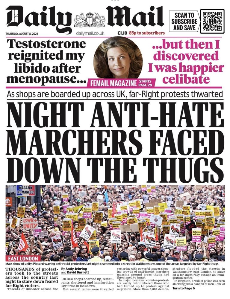 Daily Mail: Night Anti-Hate Marchers Faced Down The Thugs. As shops are boarded up across UK, far-right protests thwarted"