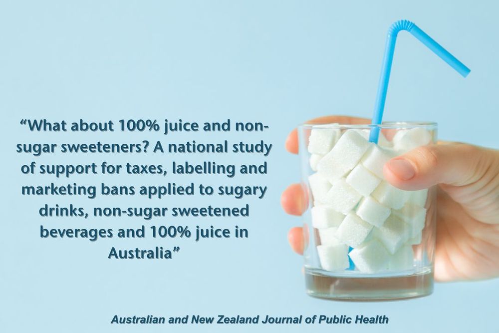 Background image is of a hand holding a cup full of sugar cubes with a straw - text reads "What about 100% juice and non-sugar sweeteners? A national study of support for taxes, labelling and marketing bans applied to sugary drinks, non-sugar sweetened beverages and 100% juice in Australia" 