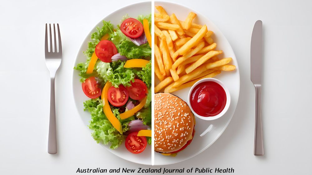 Image of plate with knife and fork - half contains a salad, the other half is chips, burger and tomato sauce. Text reads "Australian and New Zealand Journal of Public Health"