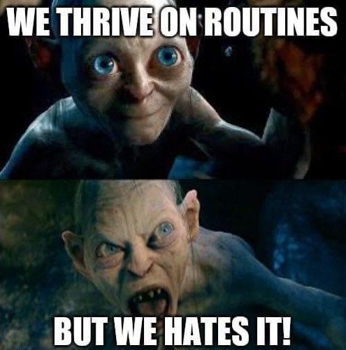 Gollum meme: text reads" we thrive on routines, but we hates it"