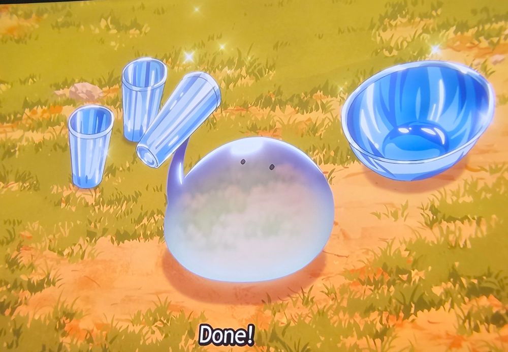 Campfire Cooking in Another World with My Absurd Skill- Sui making cups and bowls. Text says Done!