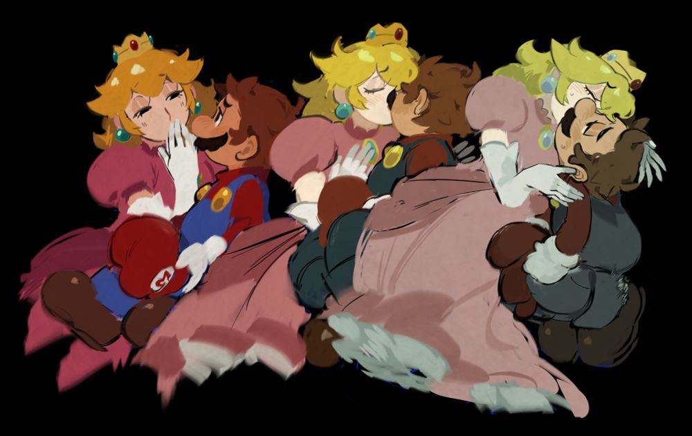 Mario and peach kissing on the lips but the mood only dulls as the kiss lasts.
Anyways aromantic mareach win !! 
