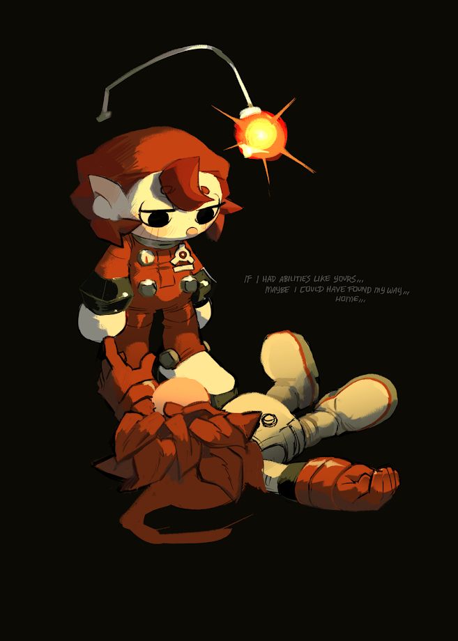 redraw of an older drawing with Olimar laying on the floor looking up to Pom saying "If i had abilities like yours... maybe i could have found my way... home" which is an actual thing he says to the player before passing out and being rescued. This part of the game stuck with me the most my first play through of pikmin 4 so I decided to redraw it but, i didnt like how the colors came out and i decided to abandon it ahaha