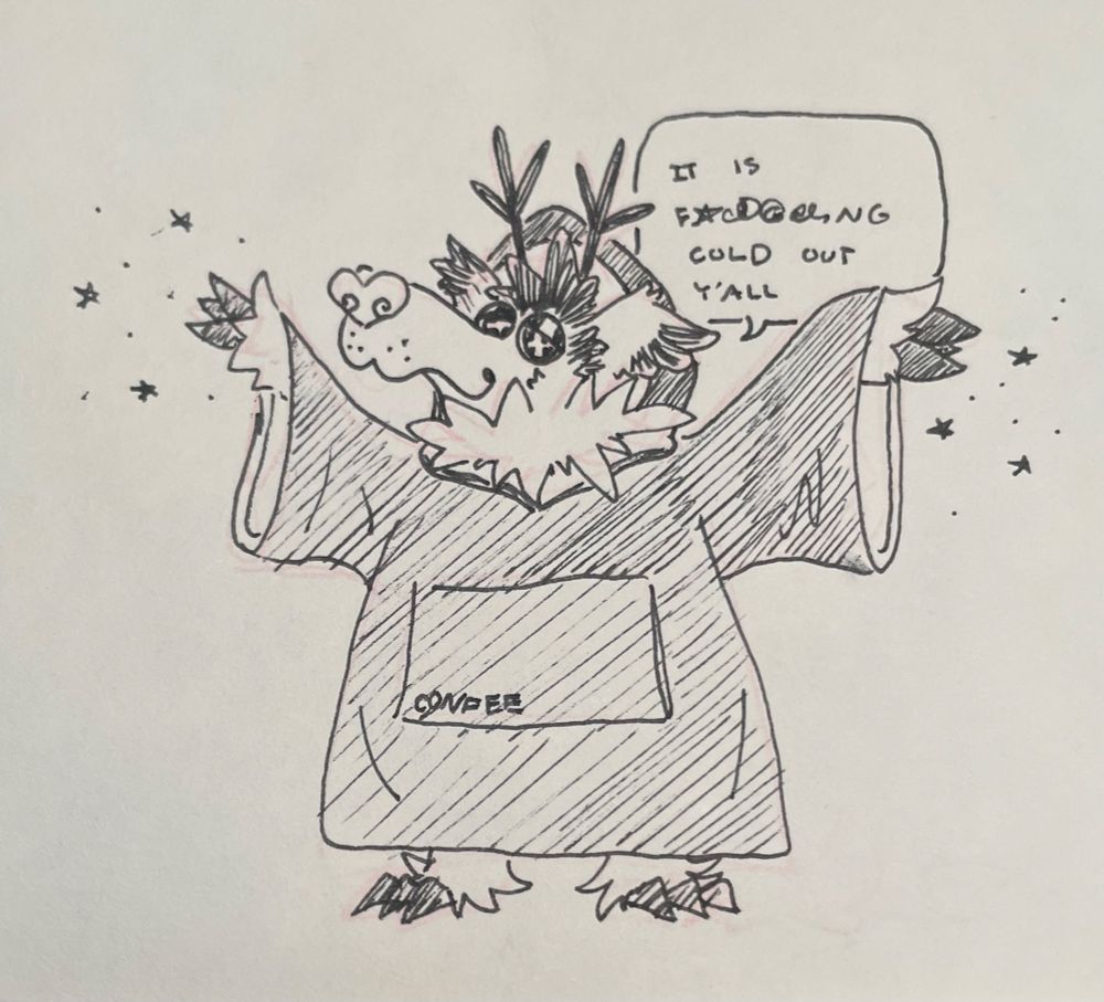 A deerdog in a huge off brand Comfy. It looks like a wizard cloak, and they are throwing sparkles from the sleeves.