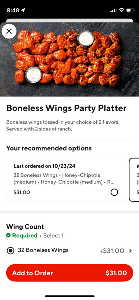 A screenshot of the menu item “Boneless Wings Party Platter”, with 32 Boneless Wings.