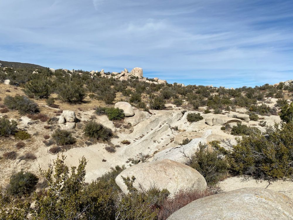 Emergence of bedrock from beneath thin soil mantle in a semi-arid landscape in Southern California. 