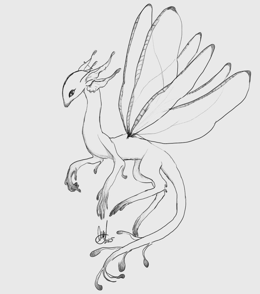 digital drawing of a fairy dragon; they have hands and feet much like a salamander, and wings reminiscent of those of a dragonfly. on the end of their tail and the backs of joints are leafy offshoots that are like what are found on leafy sea dragons. their double ears have various piercings, and they look at you from their visible eye with an unreadable expression. they are long and slender, but very clearly smaller than you