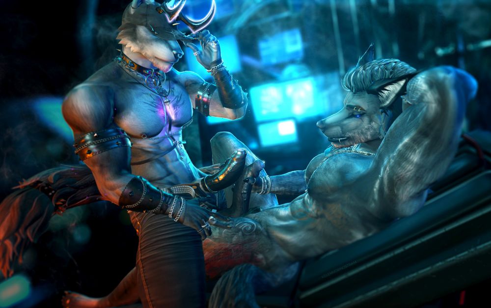 Two anthro wolves being gay frotting in front of a bunch of bright cyan screens in the background