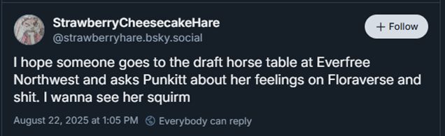 Screenshot of a post from StrawberryCheesecakeHare, August 22, 1:05pm: 