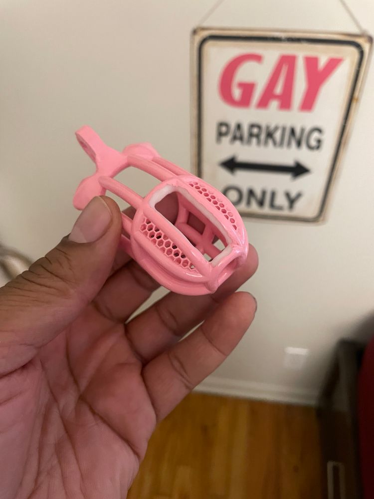 Pink chastity cage with some mesh work removed. 