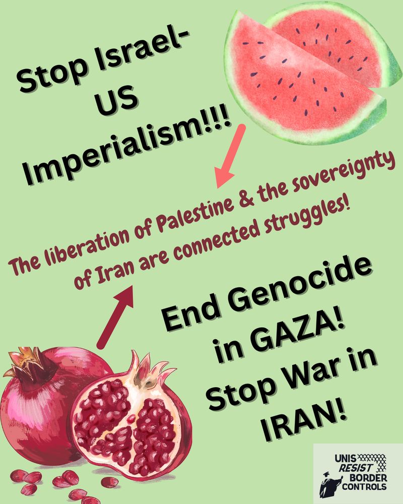 The image features a light green background with various graphics and bold text. At the top right, there is a red and green watermelon slice. Below it, black and red text reads "Stop Israel-US Imperialism!!!" An arrow points down from this text to a red phrase, "The liberation of Palestine & the sovereignty of Iran are connected struggles!" Another arrow raises up from this phrase to a pomegranate on the lower left. The pomegranate is detailed with seeds spilling out. On the lower right, larger black text states, "End Genocide in GAZA! Stop War in IRAN!" A logo in the bottom right corner includes a mortarboard and text.