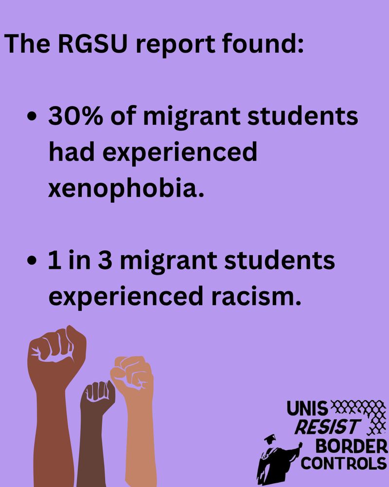 The image has a purple background with text in bold black font at the top, stating findings from an RGSU report about migrant students. Below the text, three fists with varying skin tones are raised, symbolizing solidarity and resistance. In the bottom right corner is a logo with the text "UNIS RESIST BORDER CONTROLS" accompanied by an image of a graduation cap and a chain-linked pattern.