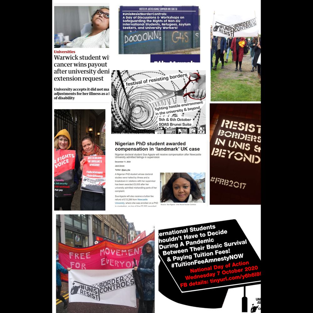 Collage of photographs, headlines, banners, and posters about student rights, border control protests, and educational activism that Unis Resist Border Controls hosted, facilitated or participated in.