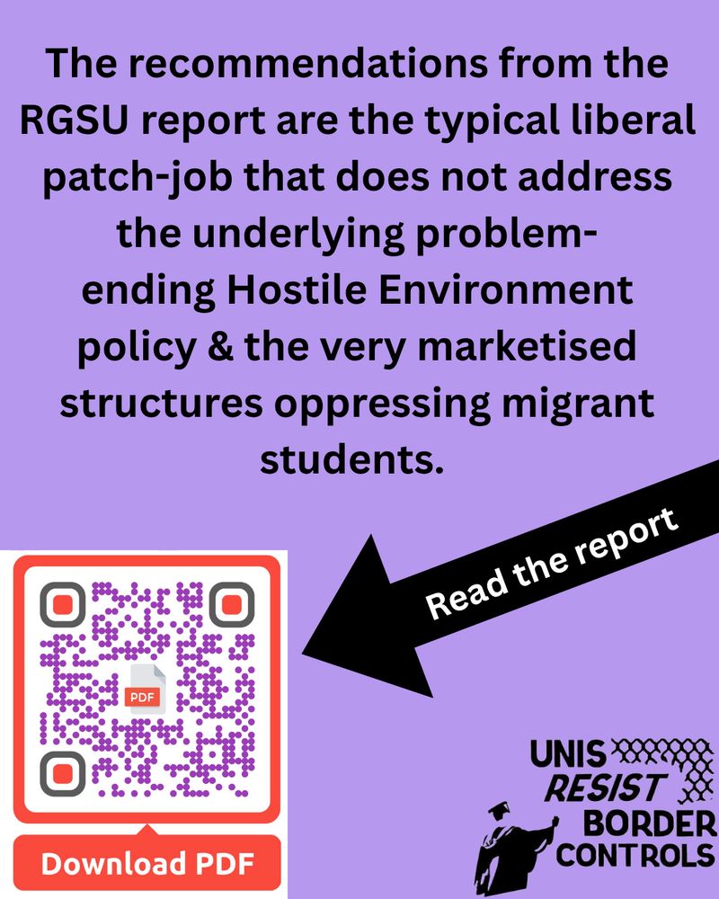 The image has a light purple background. At the top, there is a block of bold black text. Below this text, on the left side, is a red-bordered QR code with a small PDF icon in its center, above a red rectangular button labeled "Download PDF." An arrow points from the QR code to the right, with the text "Read the report" inside. In the bottom right corner, there is a logo of a person in academic attire raising a fist, accompanied by the text "UNIS RESIST BORDER CONTROLS."