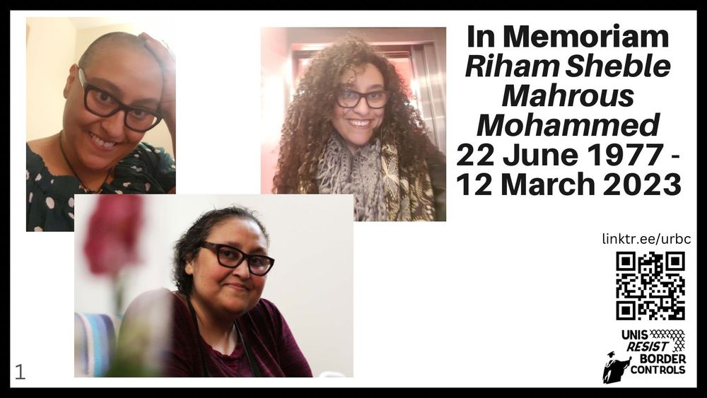 The image is a memorial tribute featuring three photographs of the same woman at different times. In the top left, she has short hair, and is smiling while touching her head, wearing glasses and a green top with white polka dots. The top middle photo shows her with long, curly hair, wearing glasses and a patterned scarf, smiling at the camera. The bottom left picture presents her with medium-length hair, wearing glasses and a dark-colored top, smiling as well. To the right of the images, there is a block of text in black, and below it is a QR code. The image background is white, and it is bordered in black.