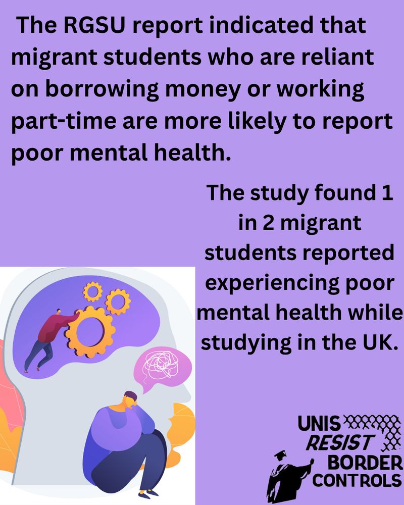 The image features a light purple background with text discussing the mental health challenges faced by migrant students in the UK. On the left, there is an illustration of a large human head profile with gears inside, symbolizing thought processes. A small figure inside is walking, suggesting activity or movement. Below the head, a person is depicted sitting with a dejected posture, head resting on their hand, and a thought bubble with a tangled line above them, representing confusion or stress. In the bottom right corner, there's a logo with a person holding a megaphone and text beside it.