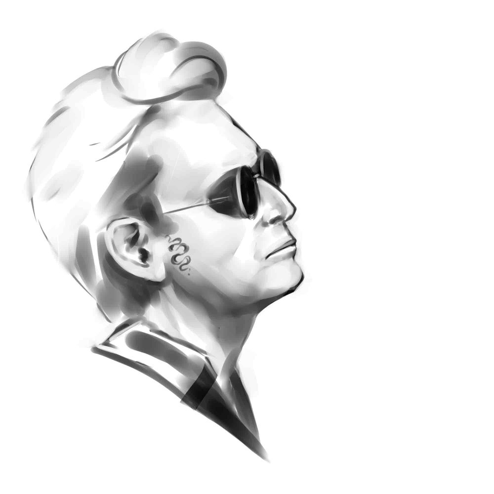 Sketchy black & white side portrait of actor David Tennant as Crowley. It's a digital sketch, but partially in a painterly style. He has short hair and wears a pair of black, round glasses. The glasses have panels on the side, so it's not possible to see his eyes at all. He has a small snake Tattoo on the side of his cheek, just in front of his ear.