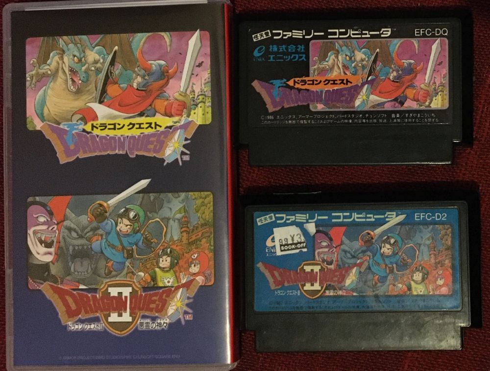 Dragon Quest I+II HD 2D next to the original Famicom cartridges