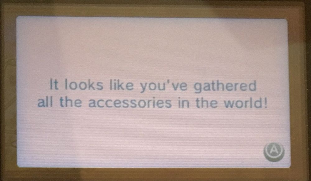 3DS screenshot: "It looks like you've gathered all the accessories in the world!"