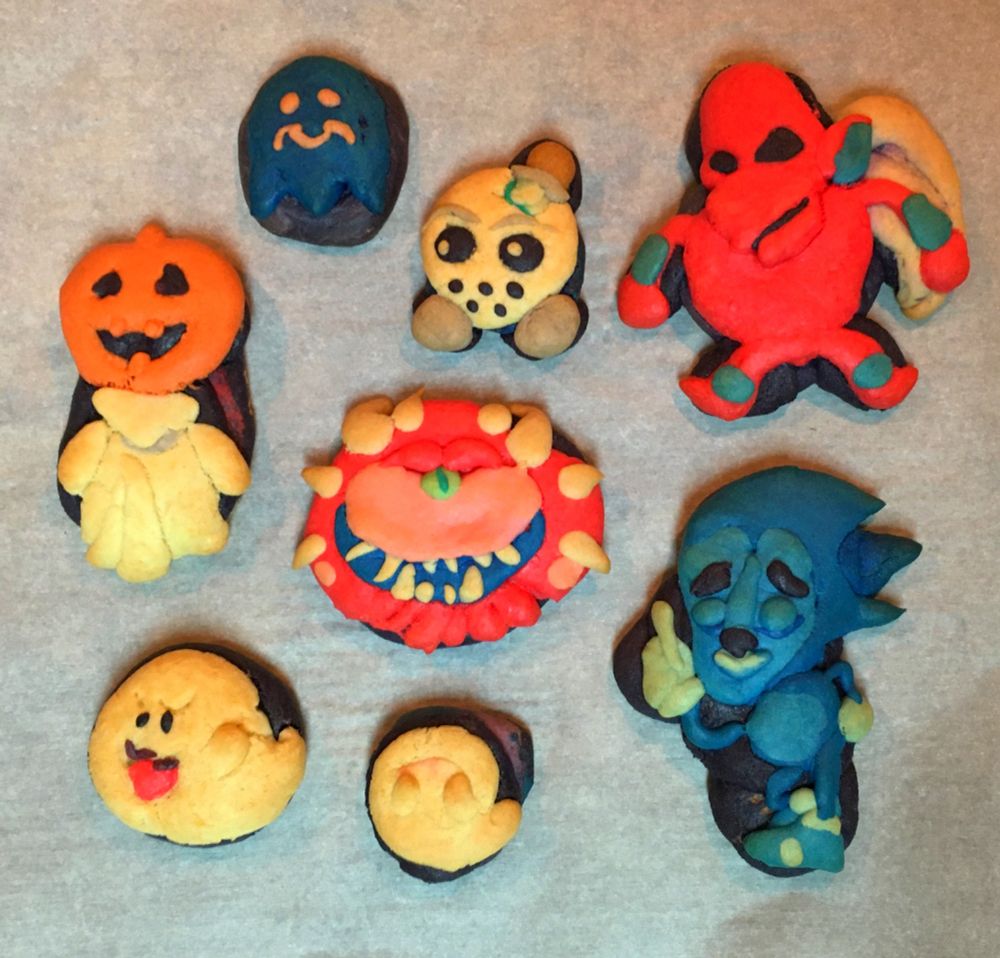 No hint in the alt-text, sorry. These are video game themed halloween cookies.
