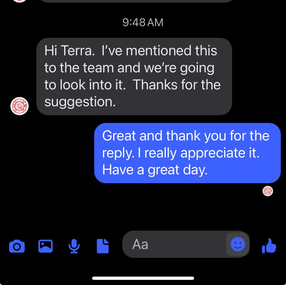 Facebook message reply from The NS fire info page and it reads: “Hi Terra. I’ve mentioned this to the team and we’re going to look into it. Thanks for the suggestion”