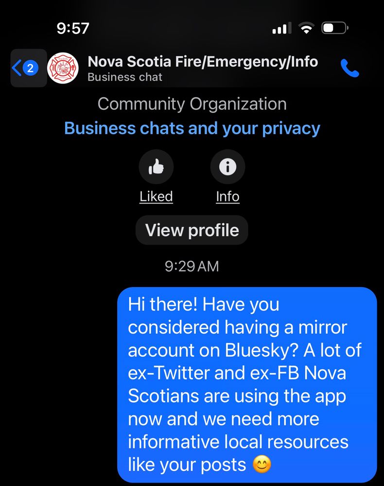 A Facebook Info page. My message says: “Hi there! Have you considered having a mirror account on Bluesky? A lot of ex-Twitter and ex-FB Nova Scotians are using the app now and we need more informative local resources like your posts 🙂”
