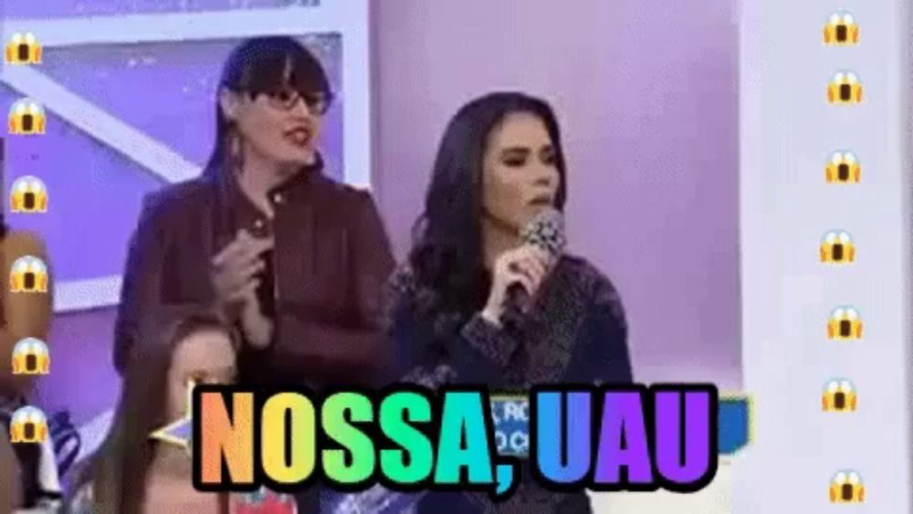 two women standing next to each other with the words nossa uau on the bottom