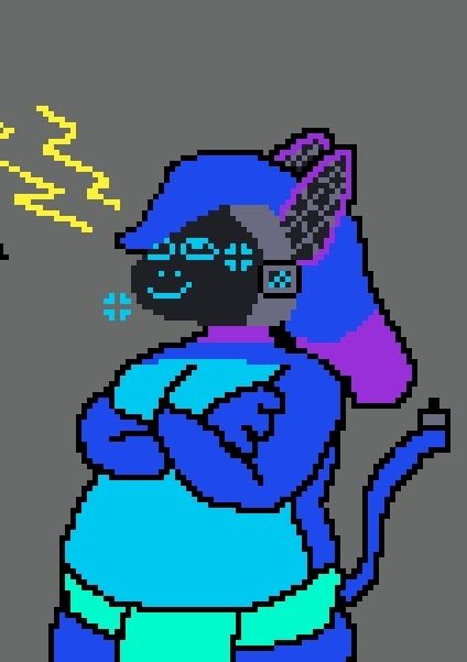 A protogen mad, looking in up-left direction of the corner with the arms crossed