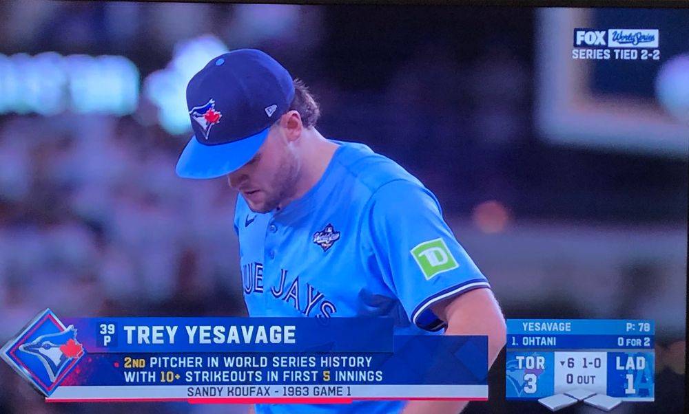 Photo of a tv screen from tonight’s World Series game. Shows Toronto pitcher, has a caption that reads: “Trey Yesavage. 2nd pitcher in World Series history with 10+ strikeouts in first 5 innings. [other is] Sandy Koufax - 1963 - Game 1”