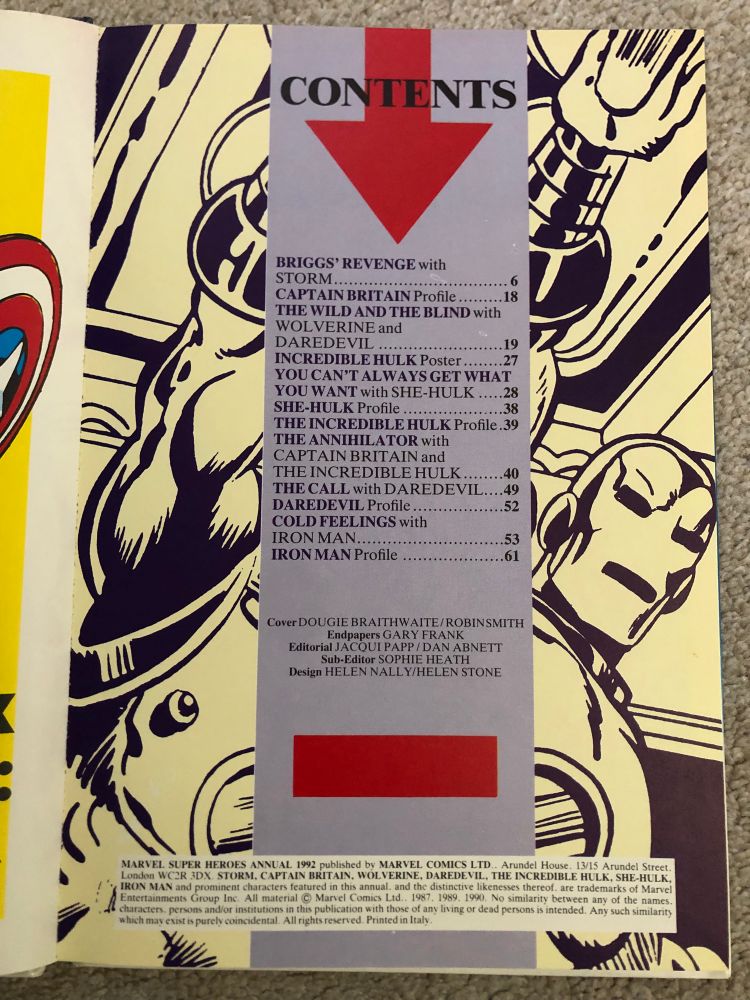Photo of the index of stories in the U.K. Marvel Super Heroes Annual 1992. Has 12 entries, including the X-Men, Daredevil, Hulk, Captain Britain, She-Hulk, and others 