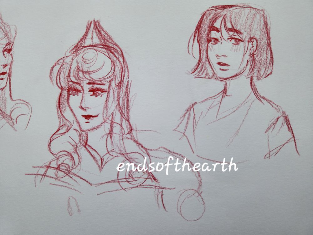 Sketchbook doodles of Princess Aurora and Mulan from Disney animated movie canon drawn in red pencil