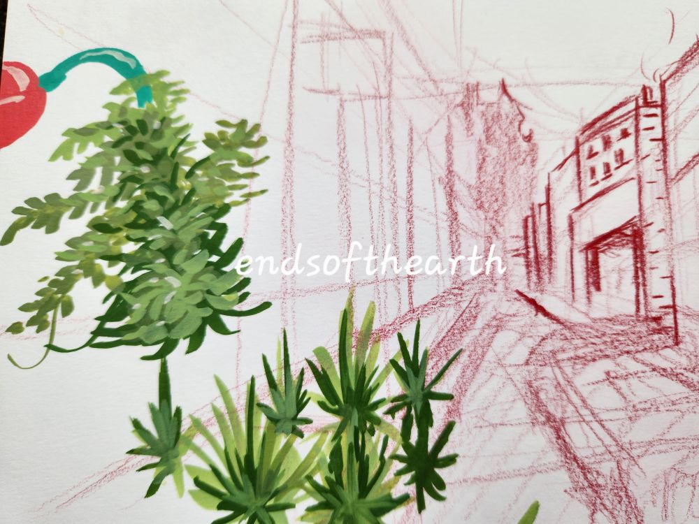 Sketchbook doodle of (left) various vegetation in the Magic Kingdom and (right) a very loose doodle of "Sunset Boulevard" in Hollywood Studios park with the Tower of Terror on the horizon