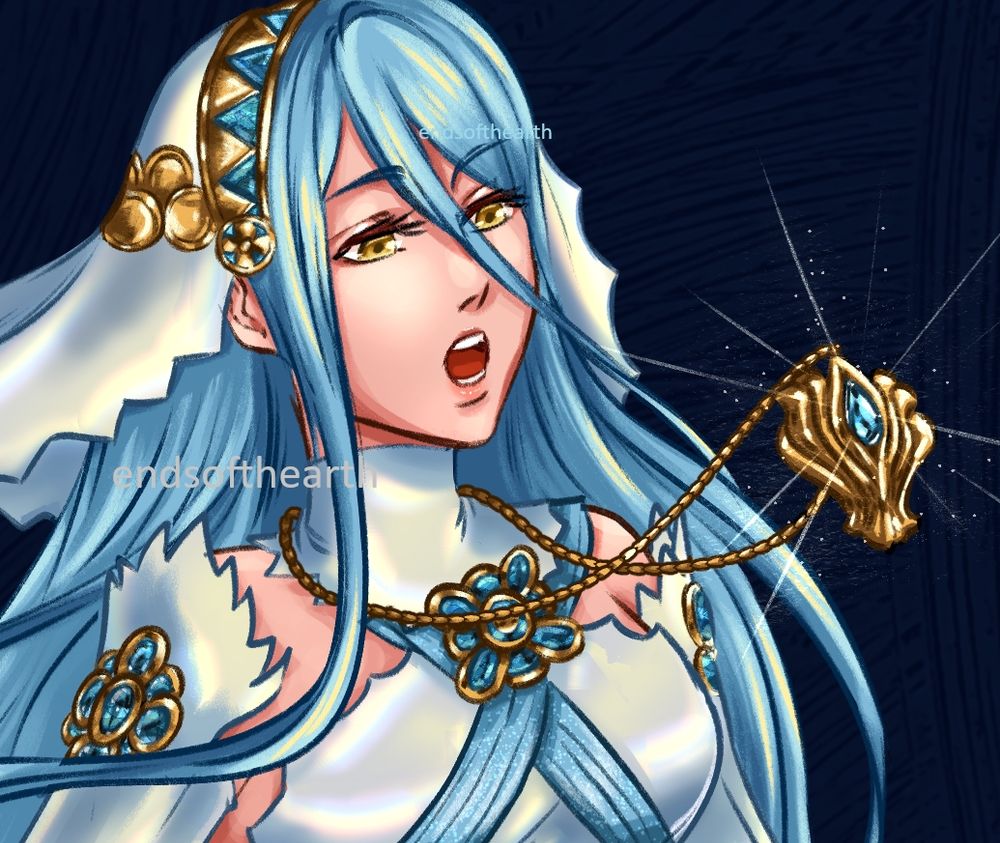 Full body artwork of Azura from Fire Emblem Fates, mid-walk singing with her necklace floating; now cropped to her bust-up