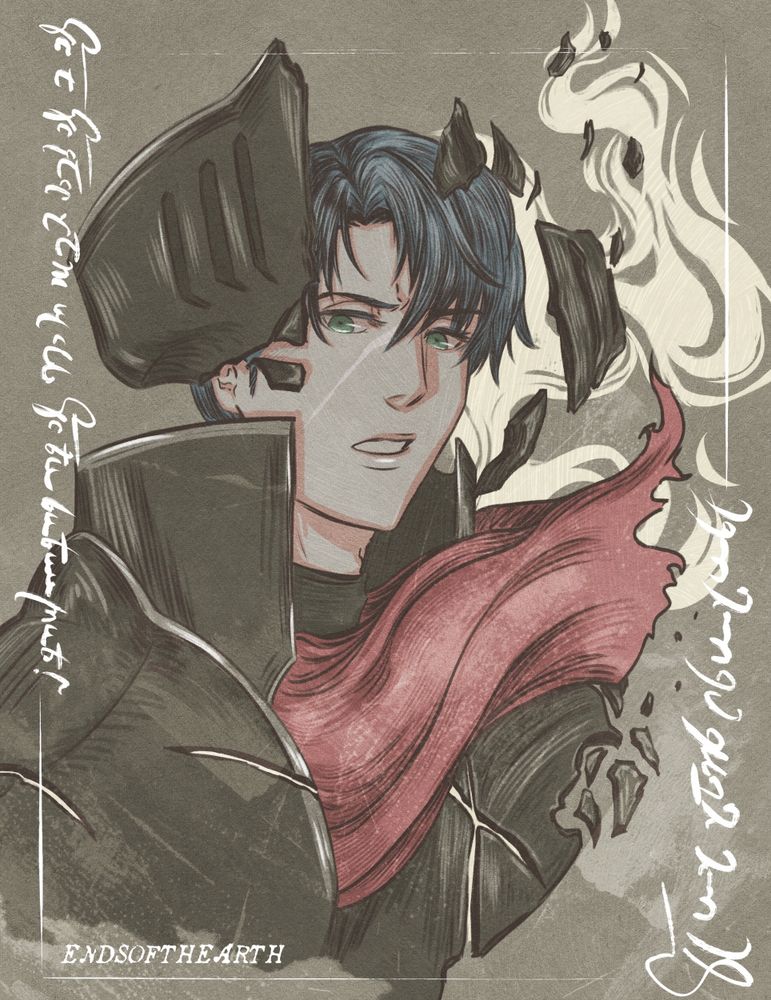 Artwork of Legendary Black Knight (Zelgius) from Fire Emblem Heroes. His helmet, scarf and armor are crumbling away and he's looking at the viewer.

On either side of the piece, there is text in the Ancient Language. Left says "If I join you, will I be redeemed?" and right says "I will be your shield" 
