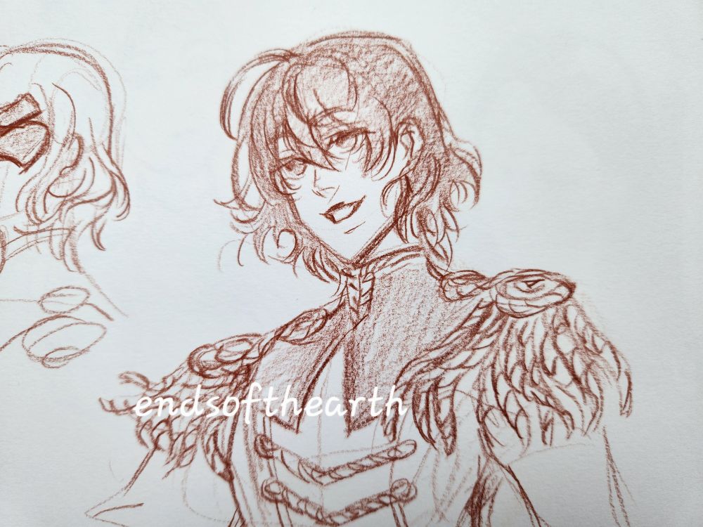 Sketchbook doodle of Goro Akechi from Persona 5 drawn in red pencil
