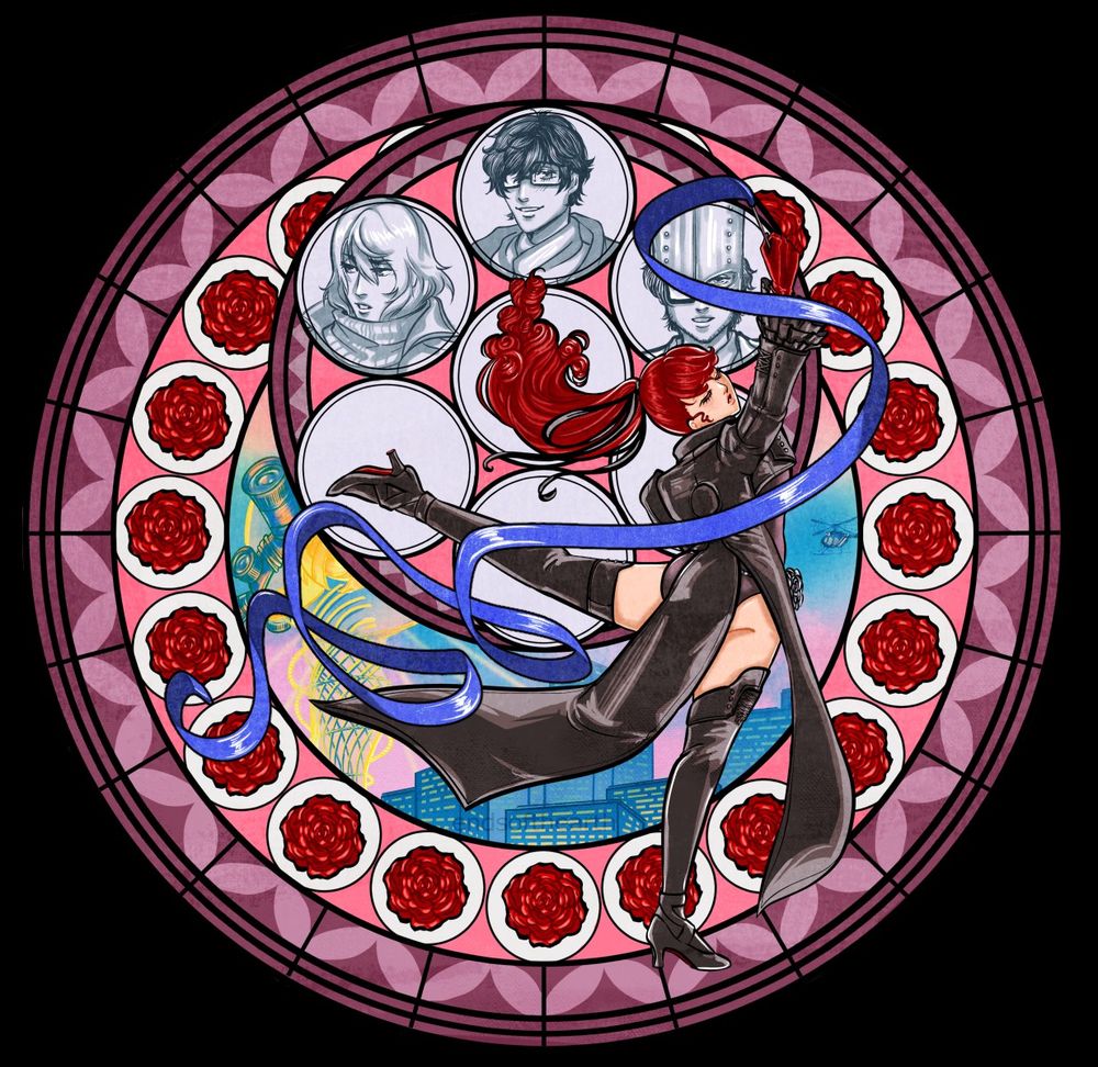 Sumire Yoshizawa from Persona 5 Royal. Inspired by the stained glasses from the Dive to the Heart sequences of Kingdom Hearts. Sumire in her Phantom Thief outfit (without her mask) is featured the most prominently above a circular red and pink design. One of the outer rings is lined with red roses. The most inner circle depicts Maruki's Laboratory of Sorrow. Behind her, circles featuring portraits are depicted. Counterclockwise: Takuto Maruki, Ren Amamiya/"Joker", Goro Akechi