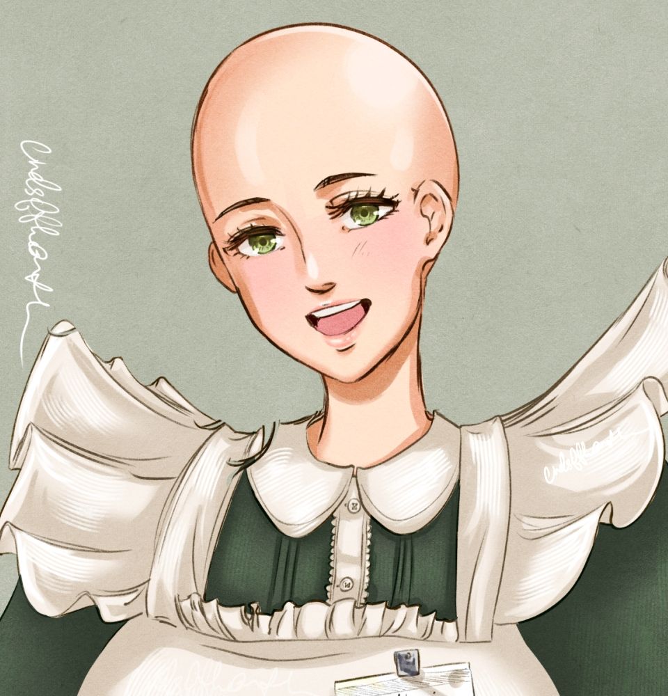 same bust up artwork of vtuber Nimi Nightmare smiling but she is bald this time