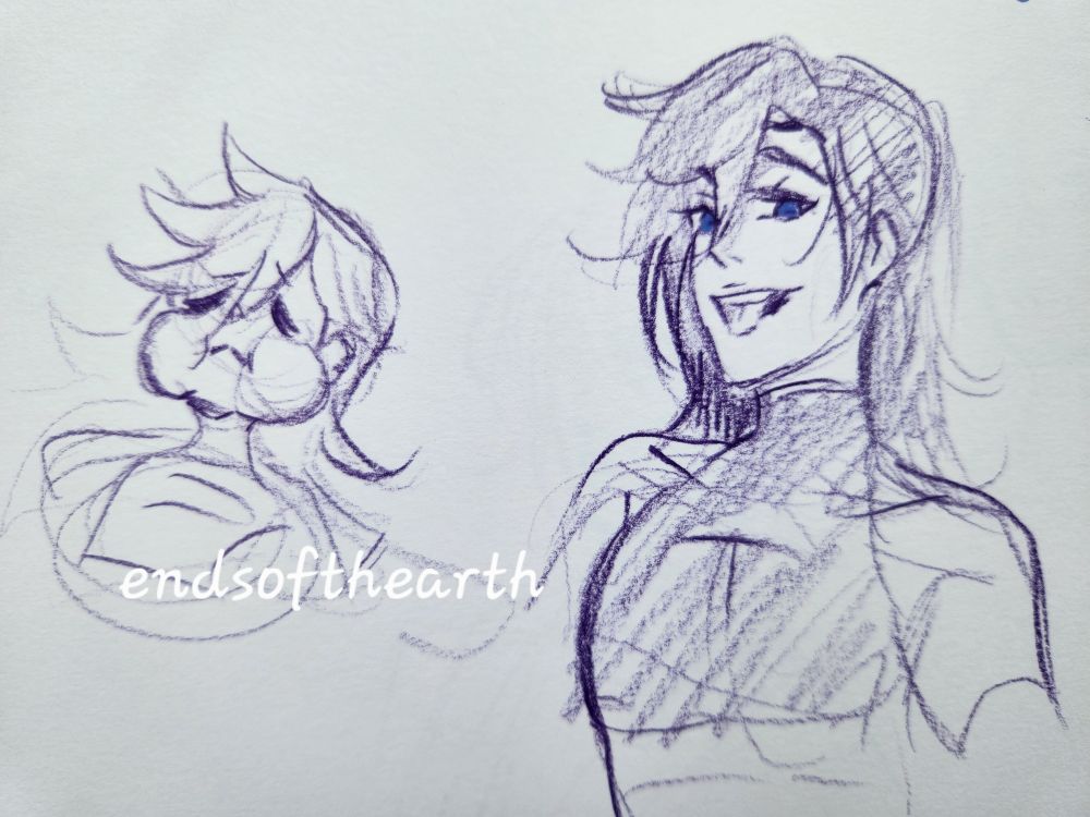 sketchbook doodles of Banzion Hakka from Holostars English (Tempus). Right doodle is a bust of him with his tongue out. Left is him with big cheeks after getting his wisdom teeth taken out