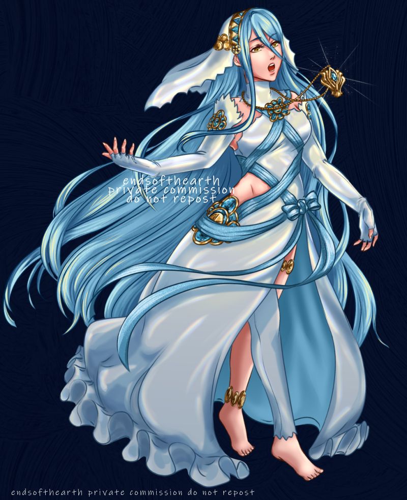 Full body artwork of Azura from Fire Emblem Fates, mid-walk singing with her necklace floating