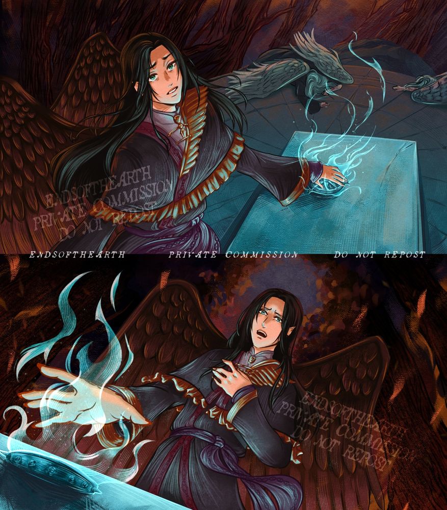 Two illustrations of Lehran (Sephiran) from Fire Emblem Radiant Dawn. In the top piece, he is looking up at the camera with a grim, panicked expression on his face. He is standing at the altar in the Serenes Forest with his hand over the medallion. In the background, two herons lay fallen in front of the infero. In the Second piece, the medallion lies glowing and aflame with the fire of chaos. Lehran has his hand out to the medallion, with his other hand over his heart. He has a face of pure despair, surrounded by the trees in flames.
