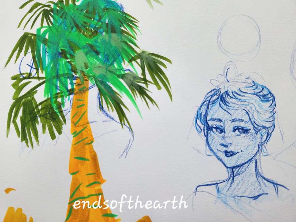 (left) palm tree drawn in acryllic paint markers (right) doodle of Princess Tiana from Disney's "Princess in the Frog" in her outfit seen in the finale to the attraction "Tiana's Bayou Adventure"