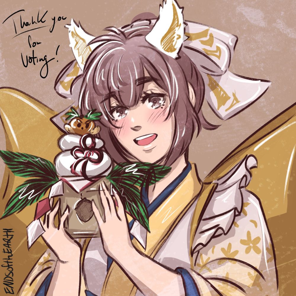 Ratatoskr from Fire Emblem Heroes as depicted in her New Years outfit, holding her kagamimochi 