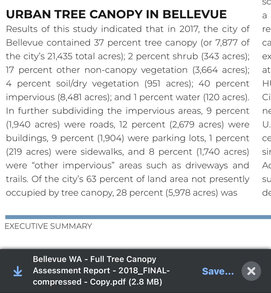 Bellevue's tree canopy assessment report subdivides impervious surfaces (40% of the city land) by roads (9%), buildings (12%), parking lots (9%), sidewalks (1%), and other (8%). 37% of the city was measured to be covered by tree canopy. 
