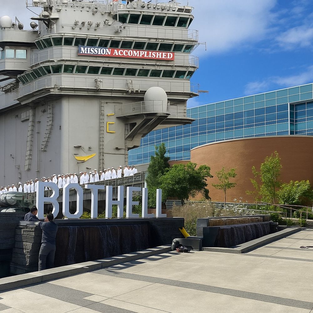 ‘Mission accomplished’ banner on a cutout aircraft carrier behind Bothell City Hall