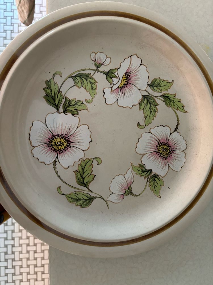 Cream plate with brown stripe around rim and art nouveau style rose of Sharon flowers circling.